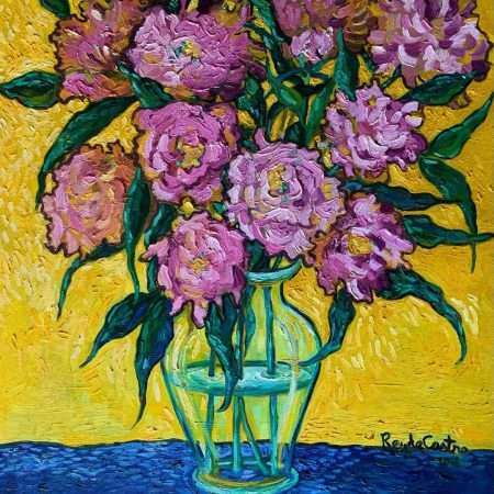 Peonies On Yellow Background original art - oil on canvas by artist Pili Rey