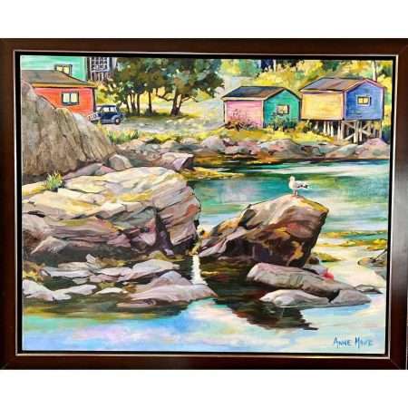 Sun Shines in New Perlican NL Acrylic original on canvas framed original art by Anne More