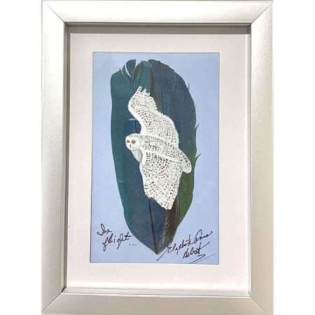 In Flight Snowy Owl Feather Art by artist Elizabeth Hebert