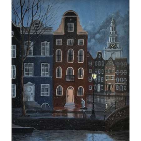 Rainy Night in Amsterdam original artwork by Dave Rheaume 20x24 acrylic on canvas-$750