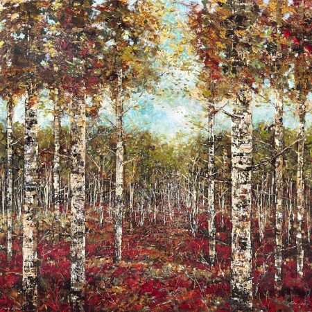 Crimson Birches - 48x48 acrylic on board original art by Canadian artist Fiona Hoop
