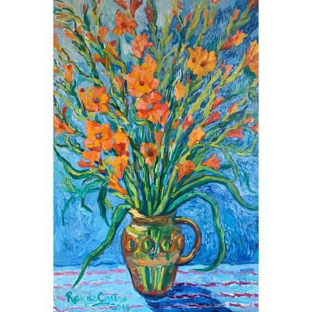 Gladiolus in Yellow Vase original oil on gallery canvas art by artist Pili Rey_36x24_750