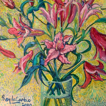 Lilies On Yellow original flower oil on canvas art_24x24_500 by artist Pili Rey