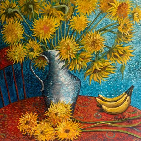 Sunflowers and Bananas Still Life original oil on canvas artwork 30x30_600_by artist Pili Rey