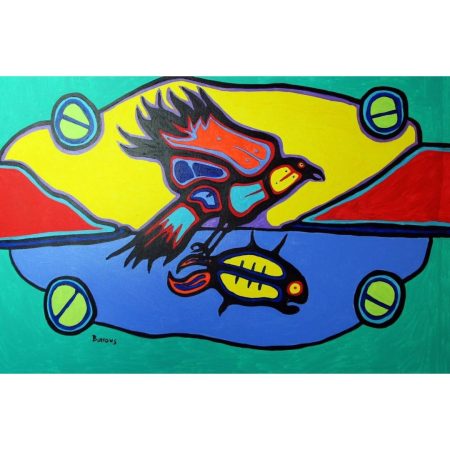 Bird Catching Fish original acrylic on canvas indigenous art_44x30_950_artist Karl Burrows